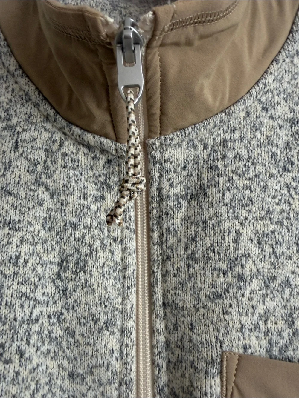 The North Face Men’s Heather Cream Zip Fleece Vest with Tan Trim
